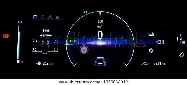 PARIS, FRANCE - MARCH, 2021. TPMS (Tyre Pressure\
Monitoring System) monitoring display on electronic instrument\
cluster. Car dashboard with speedometer, odometer,  battery range\
display in Renault\
Zoe