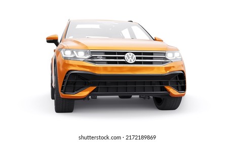 Paris. France. March 27, 2022. Volkswagen Tiguan R 2022. Compact Sports City SUV For Exciting Driving, For Work And Family. Orange Car Model On A White Isolated Background. 3d Rendering