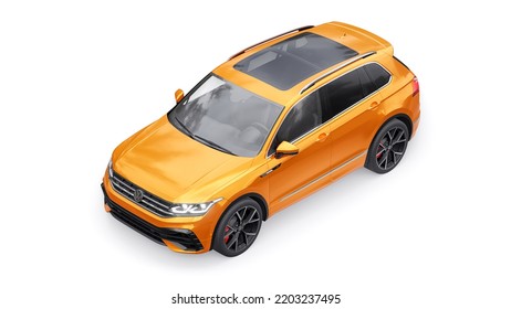 Paris. France. March 27, 2022. Volkswagen Tiguan R 2022. Compact Sports City SUV For Exciting Driving, For Work And Family. Orange Car Model On A White Isolated Background. 3d Rendering