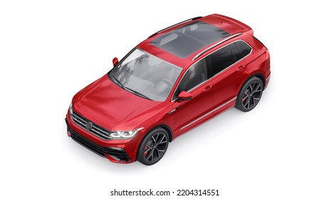 Paris. France. March 27, 2022. Volkswagen Tiguan R 2022. Compact Red Sports City SUV For Exciting Driving, For Work And Family. Green Car Model On A White Isolated Background. 3d Rendering