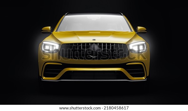 Paris. France. May 02, 2022. Mercedes-Benz GLC\
63 AMG 2021. An expensive, ultra-fast sports SUV gold car for\
exciting driving in the city, highway, race track on a black\
background. 3d\
rendering