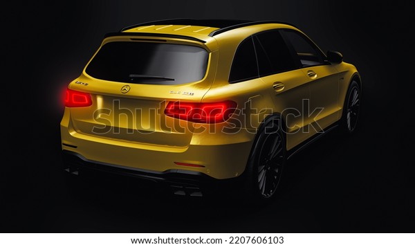 Paris. France. May 02, 2022. Mercedes-Benz GLC\
63 AMG 2021. An expensive, ultra-fast sports SUV gold car for\
exciting driving in the city, highway, race track on a black\
background. 3d\
rendering