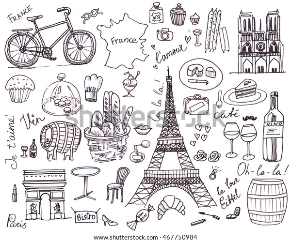 Paris France Symbols Set Sketching Black Stock Illustration 467750984