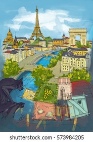 Paris Illustration with Eiffel and Gargoyle