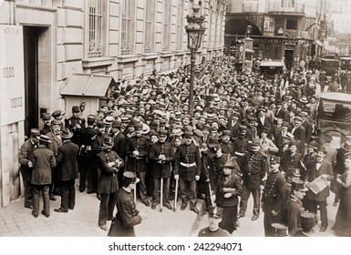 Paris Police Hold Back A Crowd Making A Run On A French Bank. Ca. 1905-1915.