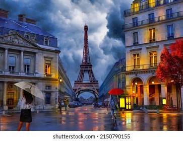 Paris Rainy night oil painting with Eiffel tower.Collection of designer oil paintings. Decoration for the interior. Modern abstract canvas art. Set of pictures. umbrella. vintage. Cloudy. street view