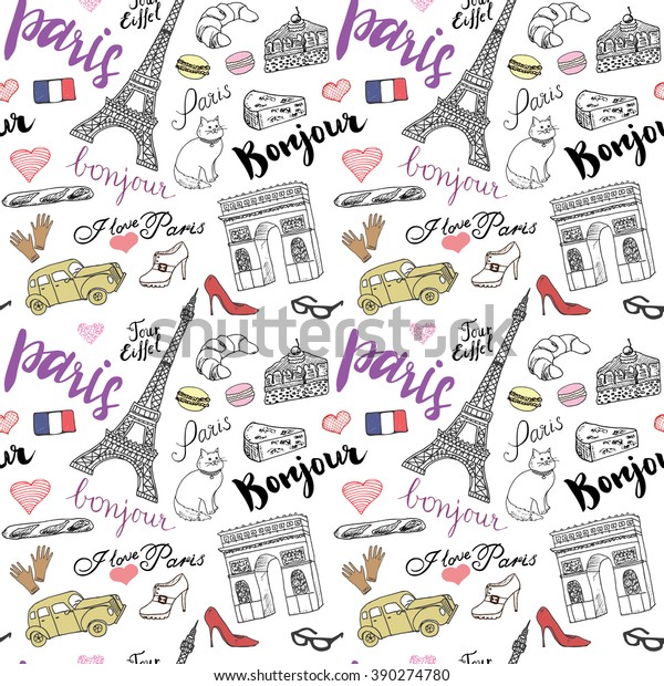 Paris seamless pattern with Hand drawn sketch\
elements - eiffel tower triumph arch, fashion items. Drawing doodle\
illustration, isolated on\
white.