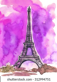 Paris tower watercolor paper illustration print painting