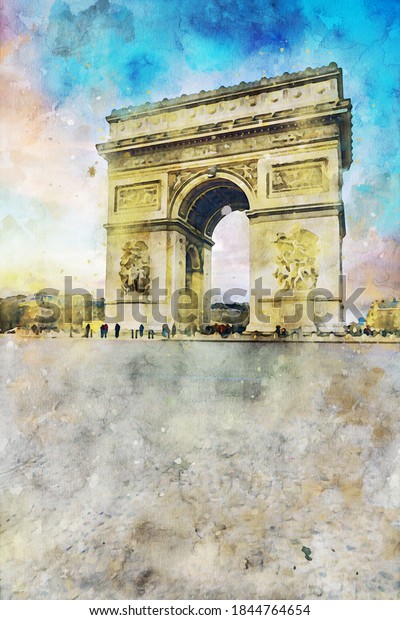 Paris\
triumph arch car free under a sunny sky,\
France