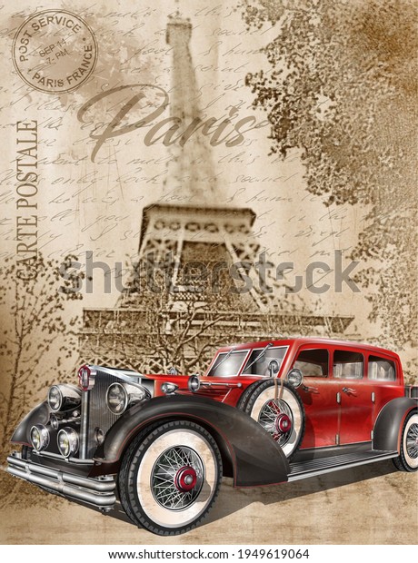Paris vintage postcard.Retro car and Eiffel\
Tower on grunge\
background.