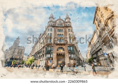 Parisi Udvar Hotel in Budapest, Hungary in watercolor illustration style. 