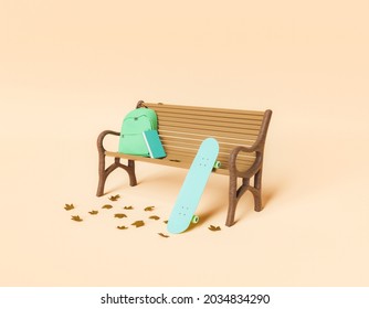 Park Bench With School Bag, Book And Skateboard. Minimalistic Concept Of Autumn, Winter, Education And Back To School. 3d Rendering