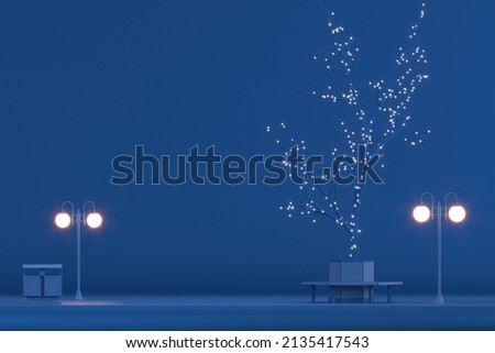 Park bench and street light on night blue background. Creative composition. Light background with copy space. 3D render for web page, presentation, studio.
