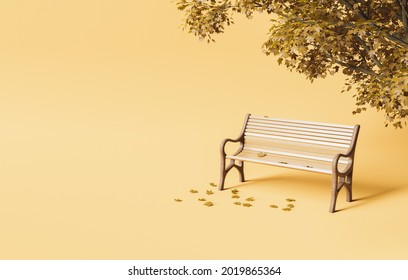 park bench under autumn tree with fallen leaves on soft studio background. concept of autumn, winter and outdoors. 3d rendering - Powered by Shutterstock