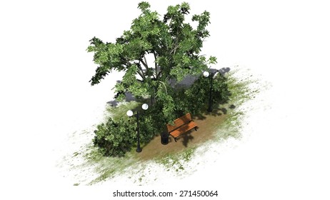 Park bench under tree in summer - separated on white background