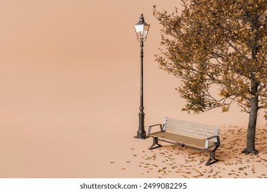 Park bench and vintage lamp post beside an autumn tree with fallen leaves on a peach background. Concept of autumn season and outdoor relaxation. 3d rendering - Powered by Shutterstock