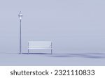 Park bench vintage and street light in plain monochrome pastel purple color. Light background with copy space. 3D rendering for web page, presentation or picture frame backgrounds.
