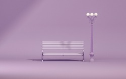 Park Bench Vintage And Street Light In Plain Monochrome Pastel Purple Color. Light Background With Copy Space. 3D Rendering For Web Page, Presentation Or Picture Frame Backgrounds.

