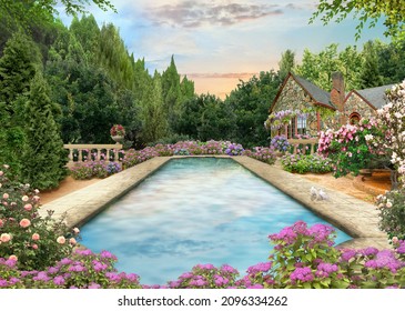 Park Garden With Flowers And A Cozy House Next To An Artificial Pond,hydrangeas, Peonies,3d Mural, Digital Wallpaper