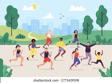 Park Marathon. People Running Outdoor, Joggers Group And Sport Lifestyle. Jogging  Illustration. Male And Female Runners Or Athletes Taking Part In Race Or Sprint, Performing Exercise Together.