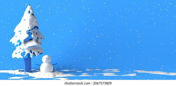 Estacionar un día de invierno con nieve en el árbol y el muñeco de nieve. Copiar espacio. Ilustración 3D.