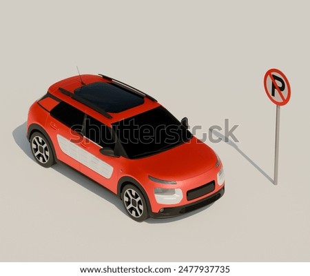 Parked Car: 3d rendering of a red car parked in a prohibited place. Car and no parking sign with white background