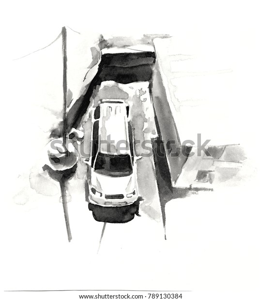 parked car top view\
illustration ink