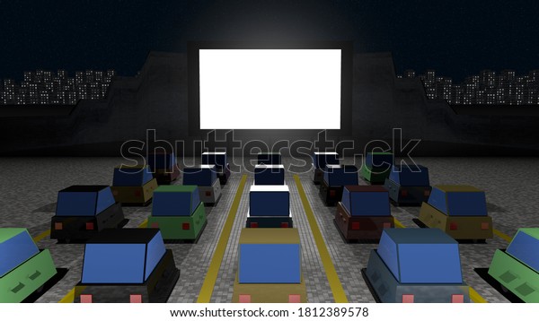 Parked cars at\
square to watch movies inside the car at night. Cine park car\
drive-in at parking lot to watch movies, open air cinema. Simple\
design. Front view, 3D\
rendering.