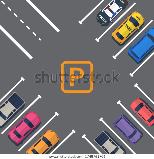 Parking for cars.\
Cars are standing on parking view from above. Passenger machinery\
stand in traffic jam. Street traffic and transport elements.\
Illustration in flat\
style.