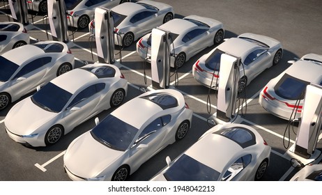 Parking Electric Cars. Charging Stations, Fast Charging Cars. 3d Illustration. High Quality Photo