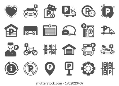 Parking Icons. Car Garage, Valet Servant And Paid Transport Parking Icons. Video Monitoring, Bike Or Car Park And Truck Or Bus Transport Garage. Money Payment, Map Pointer And Free Park.