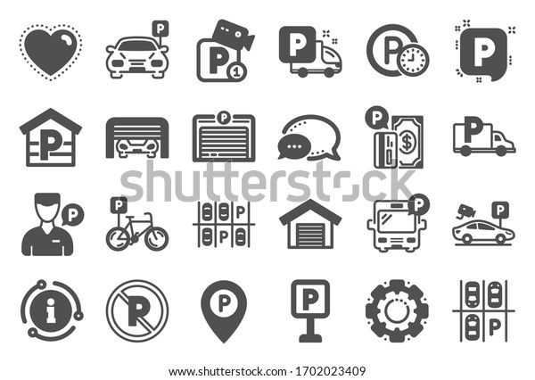 Parking\
icons. Car garage, Valet servant and Paid transport parking icons.\
Video monitoring, Bike or Car park and Truck or Bus transport\
garage. Money payment, Map pointer and Free\
park.