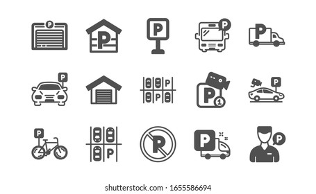 Parking Icons. Garage, Valet Servant And Paid Parking. Car Transport Park Place Classic Icon Set. Quality Set.