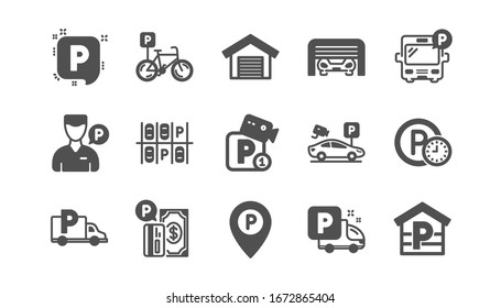 Parking Icons. Garage, Valet Servant And Paid Parking. Car Transport Park Place Classic Icon Set. Quality Set.