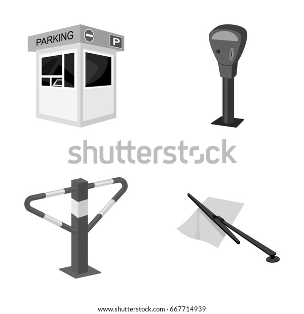 A parking lot, a\
parking meter, a check for services, a barrier. Parking zone set\
collection icons in monochrome style raster, bitmap symbol stock\
illustration web.