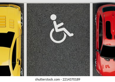 Parking Space For Disabled People. Disabled Parking Icon In The Parking Lot Between Other Cars. 3D Render.