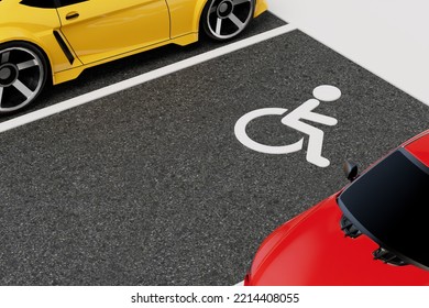 Parking Space For Disabled People. Disabled Parking Icon In The Parking Lot Between Other Cars. 3D Render.