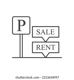 Parking Space Rent And Sale Icon. A Simple Line Drawing Of A Parking Space With A Simultaneous Lease And Sale Mark. Isolated On White Background.