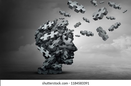 Parkinson disease and parkinson's disorder symptoms as a human head made of crumpled paper with a missing jigsaw puzzle representing elderly degenerative neurology illness in a 3D illustration.