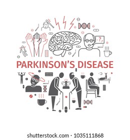 Parkinson's Disease. Symptoms, Treatment. Line Icons Set.