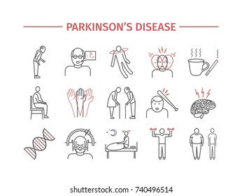 Parkinson's Disease. Symptoms, Treatment. Line Icons Set.