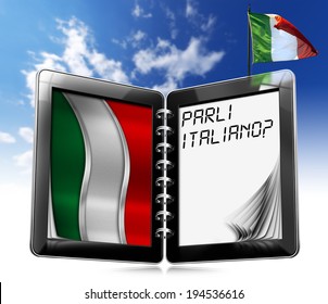 Parli Italiano? - Tablet Computer / Black tablet computer with two pages and phrase 