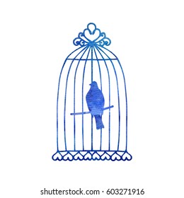 Parrot in a cage drawing by watercolor, hand painted bird silhouette