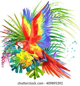 Parrot. Tropical forest watercolor background. Exotic jungle plant illustration  