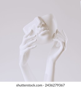 Part of female face white abstract sculpture, Hand pose touching woman face gesture, 3d illustration - Powered by Shutterstock