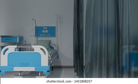 Part Of A Hospital Room With Beds Separated By Curtains 3D Rendering