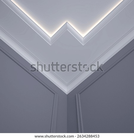 Part of the interior has a white ceiling, cornices with LED lighting on the ceiling and walls. 3D render.