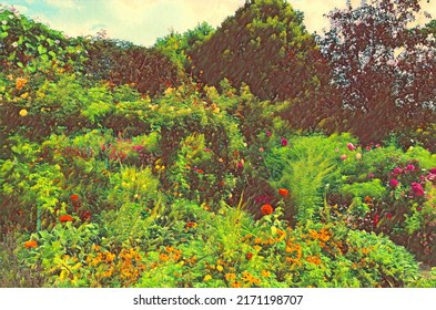 Part Of Monet Garden In France; It's Bright, Cheery, Full Of Color, And Has Great Natural Lighting. The Image Was Edited To Look Like A Painting.