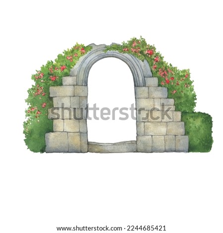 Part of an old stone wall with an entrance to the garden, overgrown with climbing flowers. For home patio decor. Hand drawn watercolor painting illustration isolated on white background.