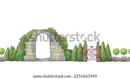 Part of an old stone wall with an entrance to the garden, overgrown with climbing flowers and red metal gate with a bird. Hand drawn watercolor painting illustration isolated on white background.